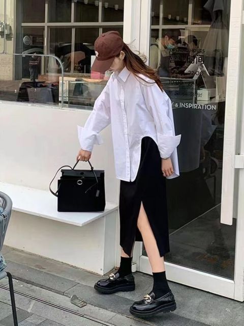 藍色襯衫上衣女秋冬季新款小眾設計感寬松休閒百搭長袖襯衣24031204
