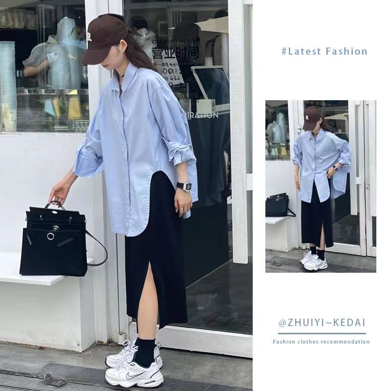 藍色襯衫上衣女秋冬季新款小眾設計感寬松休閒百搭長袖襯衣24031204