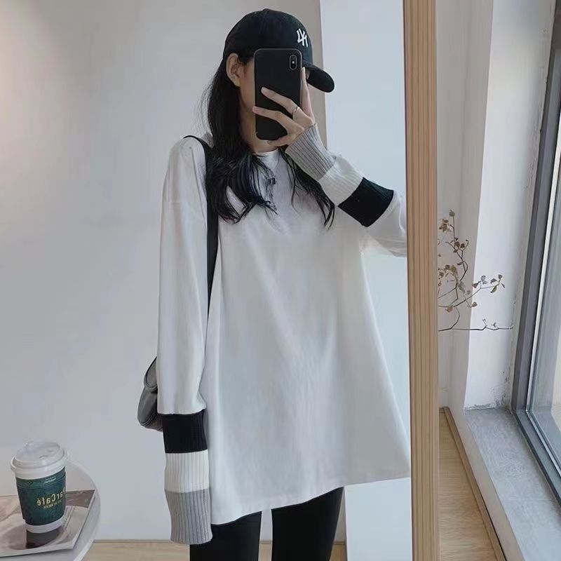早秋中長款寬松大碼打底衫女內搭長袖t恤白色純棉設計感小眾上衣24031302