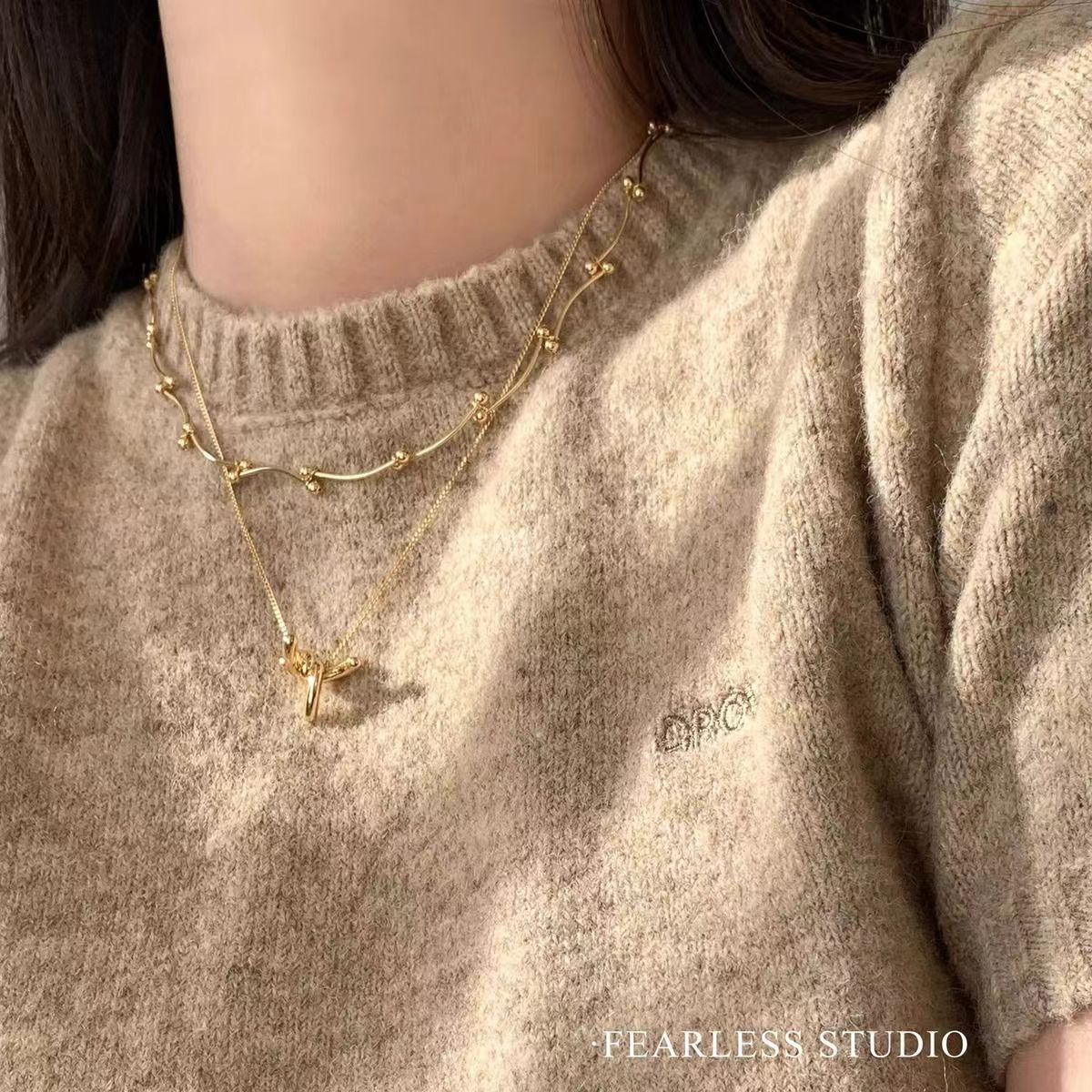 復古金色打結項鍊氣質毛衣鏈雙圓珠項鍊女ins疊戴鎖骨鏈小眾高級24031206
