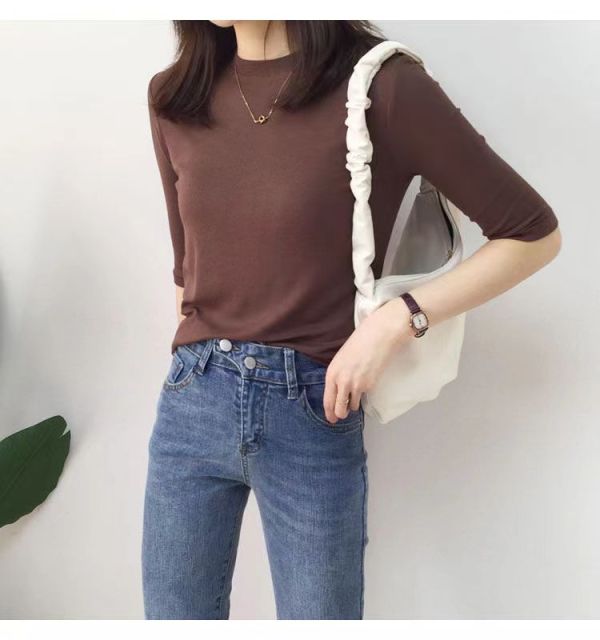 半高領打底衫女春秋莫代爾中袖圓領t恤內搭螺紋超彈立領寬松上衣24031501