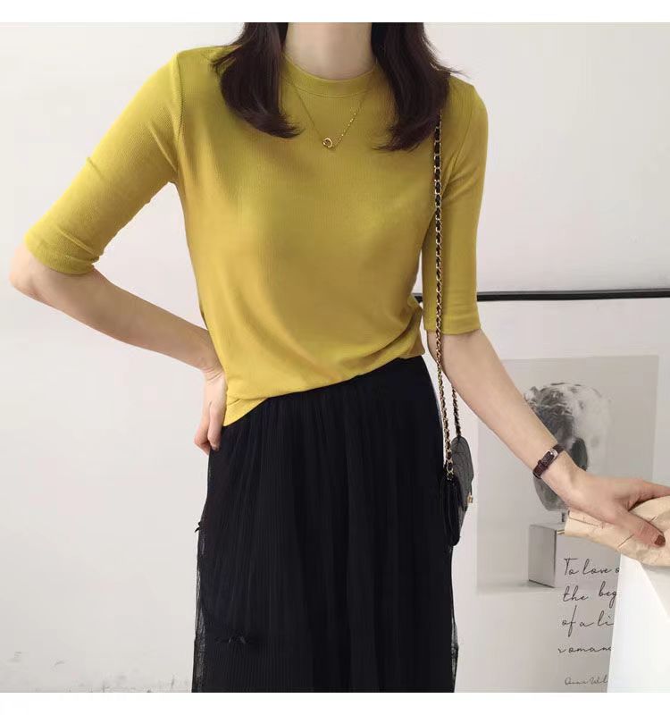 半高領打底衫女春秋莫代爾中袖圓領t恤內搭螺紋超彈立領寬松上衣24031501