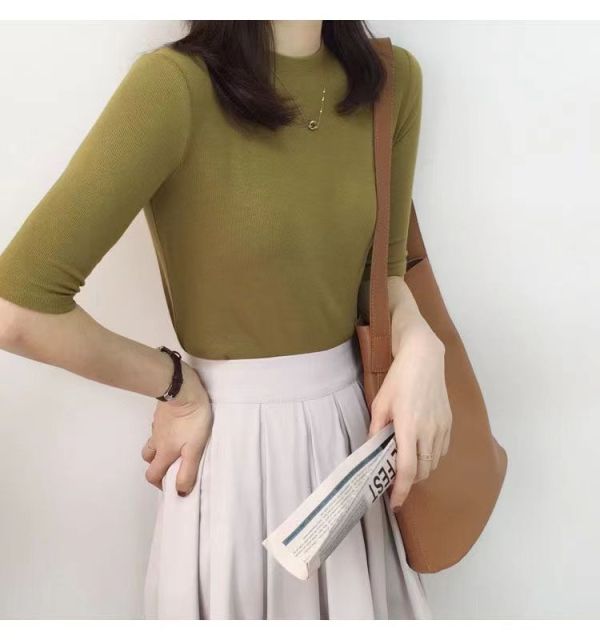 半高領打底衫女春秋莫代爾中袖圓領t恤內搭螺紋超彈立領寬松上衣24031501