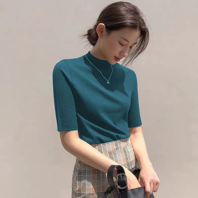 半高領打底衫女春秋莫代爾中袖圓領t恤內搭螺紋超彈立領寬松上衣24031501