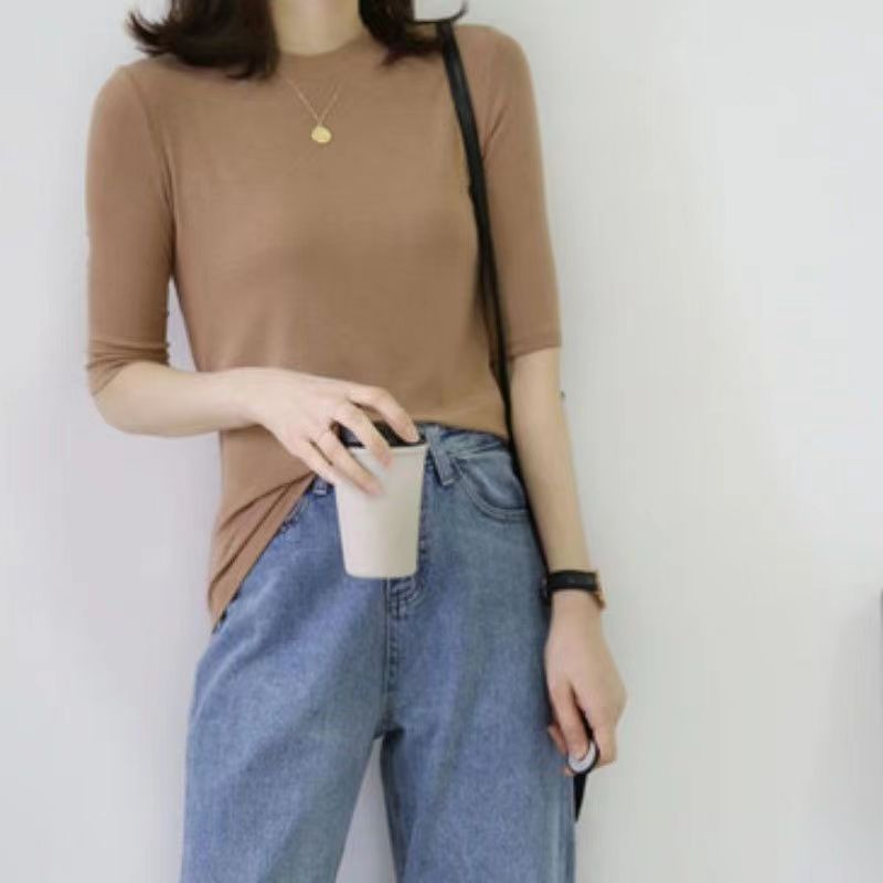 半高領打底衫女春秋莫代爾中袖圓領t恤內搭螺紋超彈立領寬松上衣24031501