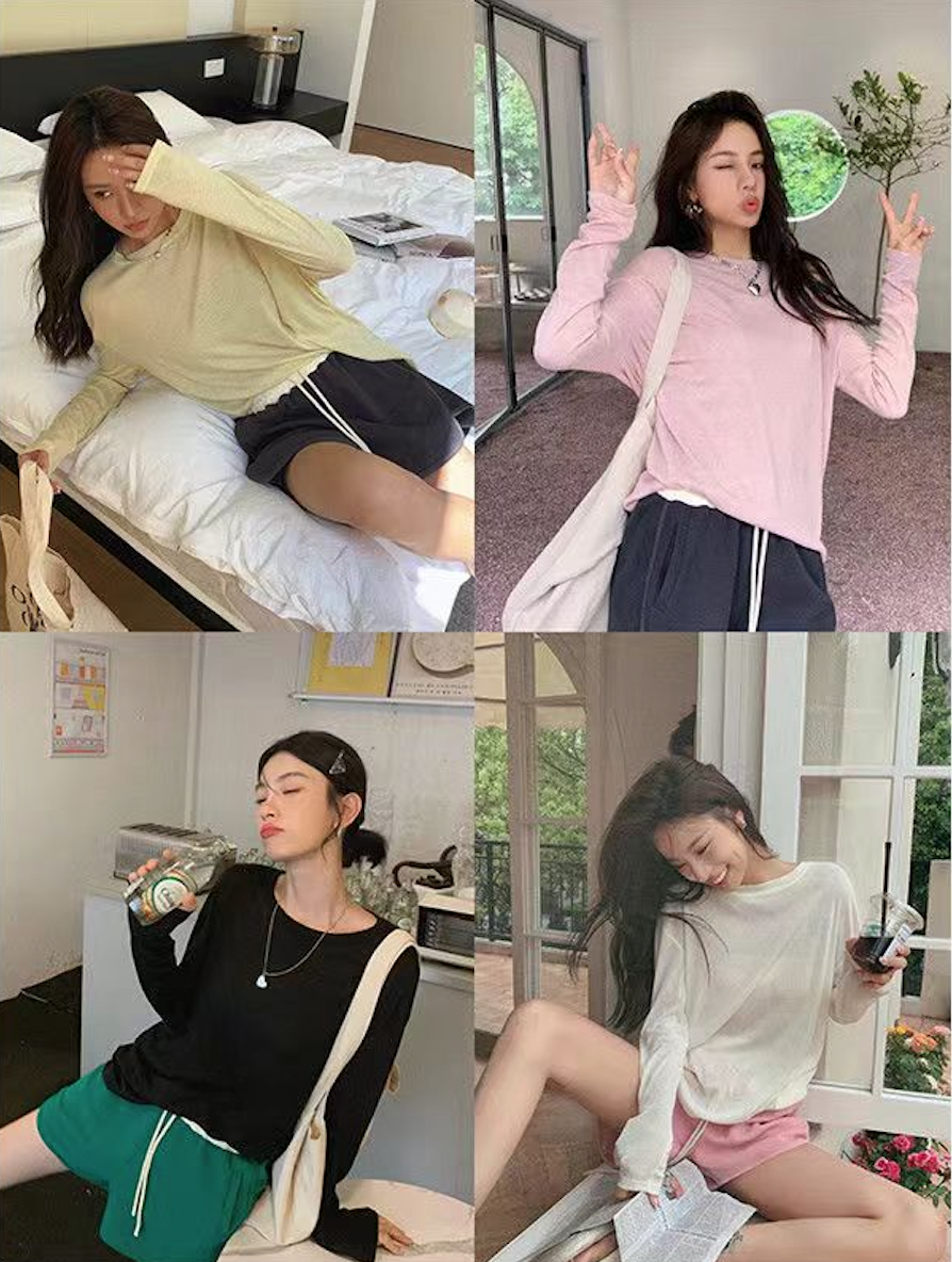 新款夏日冰沙系列寬松薄款防曬衫女圓領長袖上衣2403902