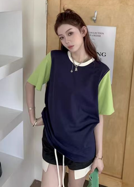 時尚撞色短袖t恤女夏寬松百搭美式復古純色拼接中長款上衣24032801