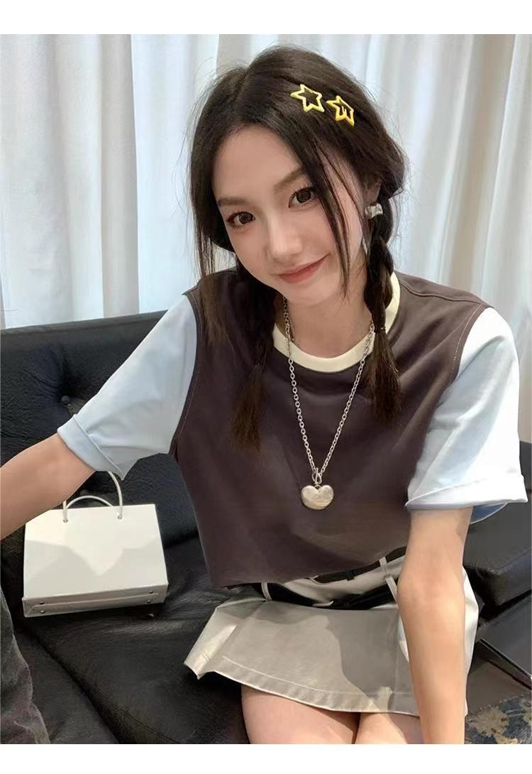 時尚撞色短袖t恤女夏寬松百搭美式復古純色拼接中長款上衣24032801