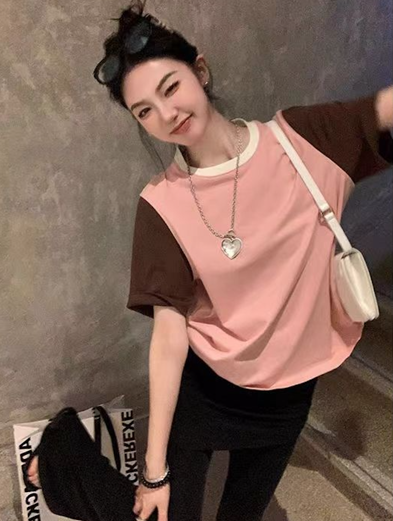 時尚撞色短袖t恤女夏寬松百搭美式復古純色拼接中長款上衣24032801