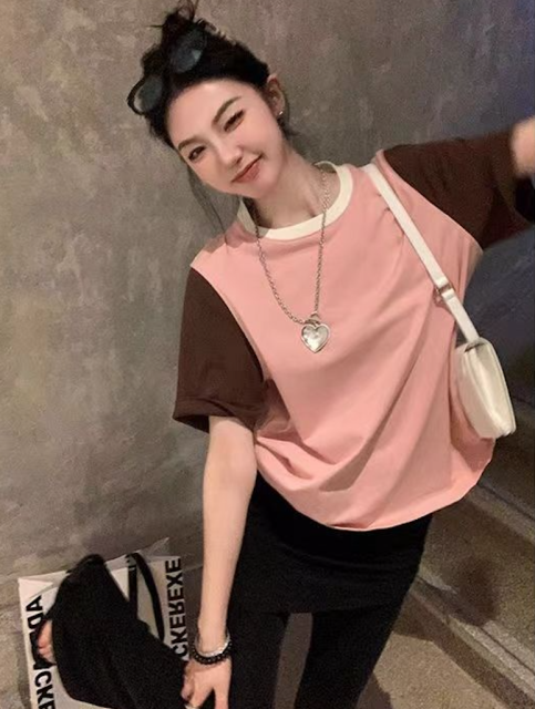 時尚撞色短袖t恤女夏寬松百搭美式復古純色拼接中長款上衣24032801