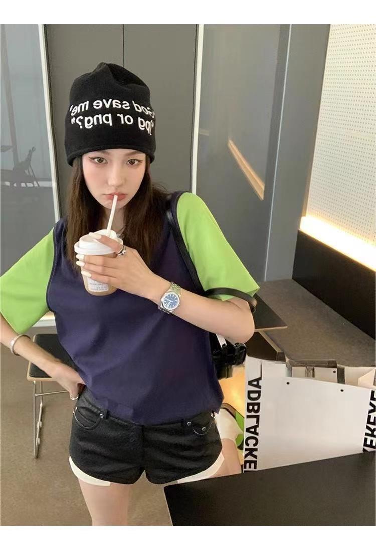 時尚撞色短袖t恤女夏寬松百搭美式復古純色拼接中長款上衣24032801
