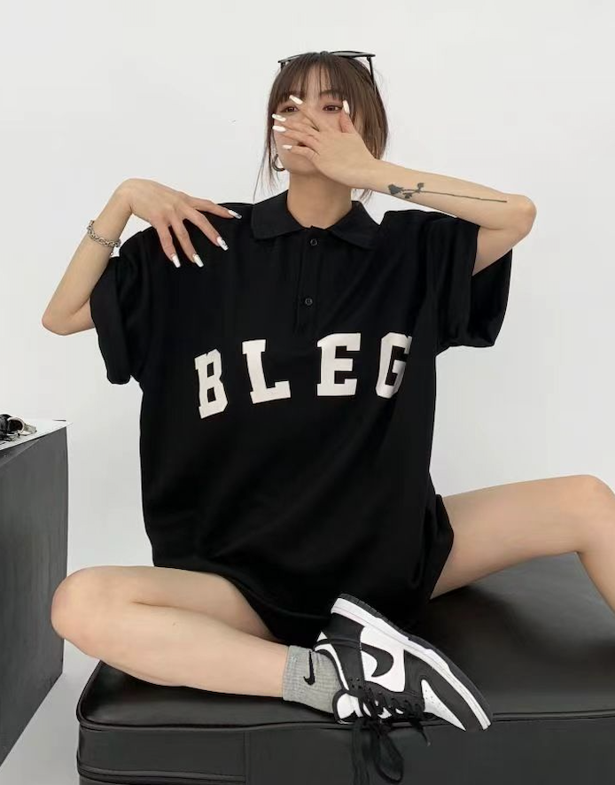 潮chic夏季ins美式潮牌情侶設計感t恤寬松復古植絨polo領短袖女24032901