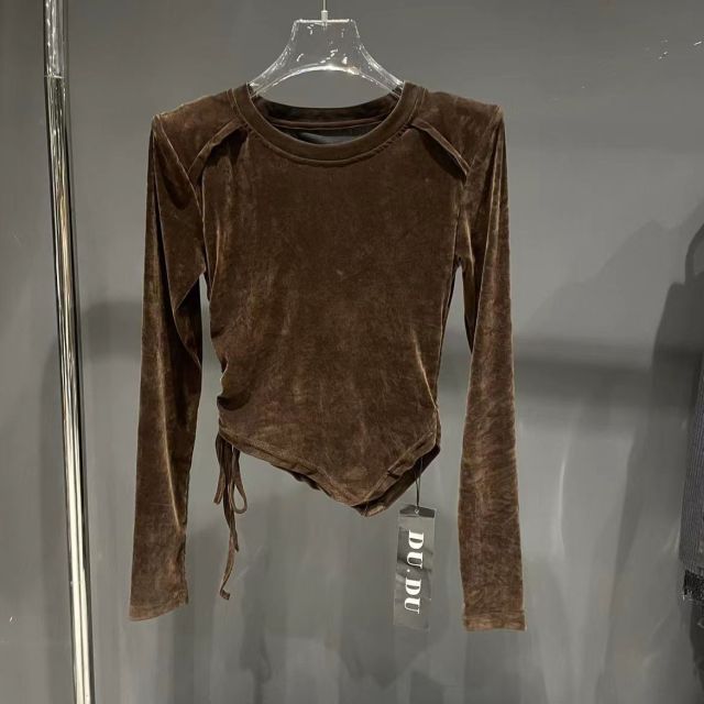 高級金絲絨圓領T恤女ins春季時尚設計感顯瘦上衣抽繩長袖內搭打底衫24033008