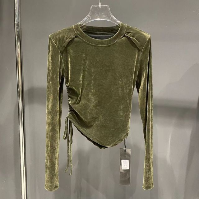 高級金絲絨圓領T恤女ins春季時尚設計感顯瘦上衣抽繩長袖內搭打底衫24033008