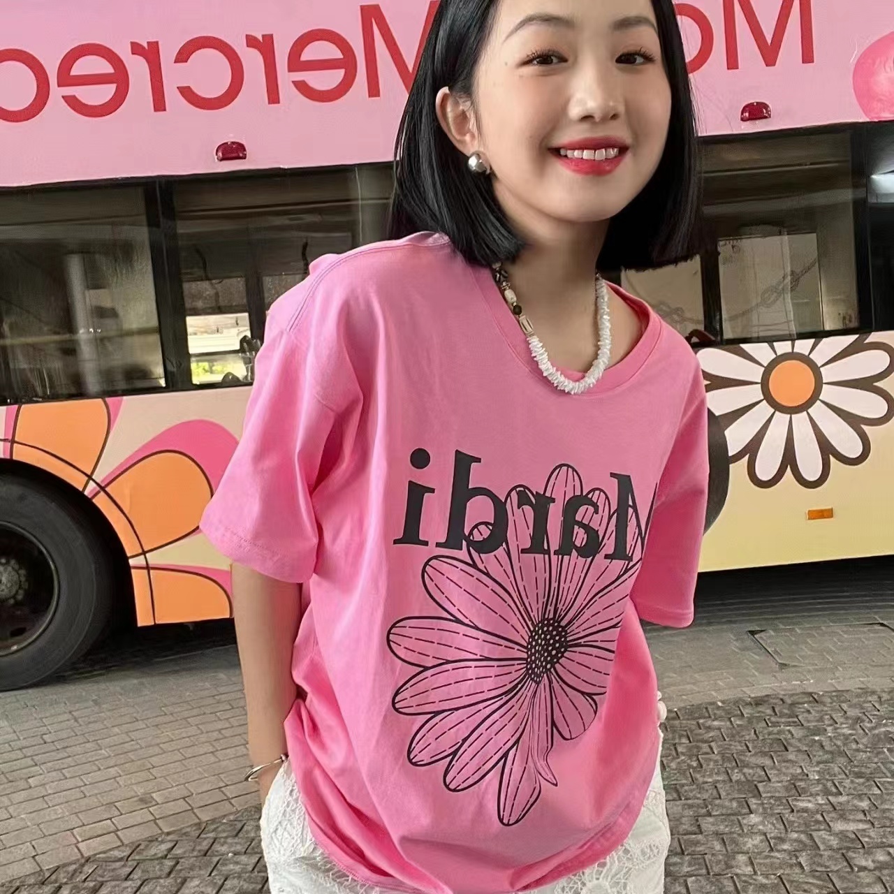 韓國Mardi高金銀同款花朵印花短袖t恤女新款上衣百搭寬松純棉短袖24040801