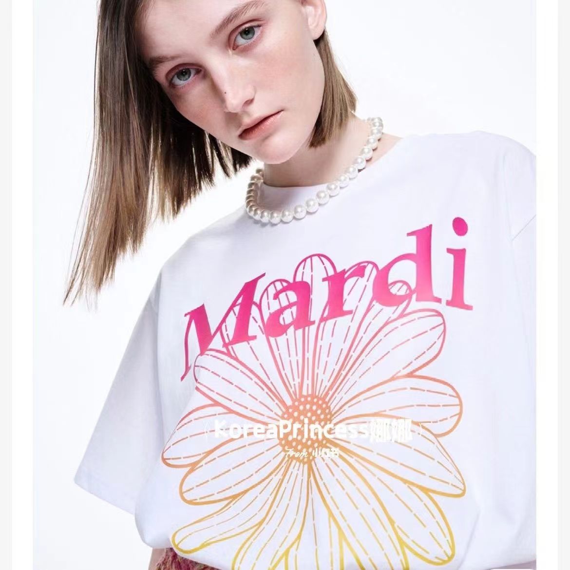 韓國Mardi高金銀同款花朵印花短袖t恤女新款上衣百搭寬松純棉短袖24040801