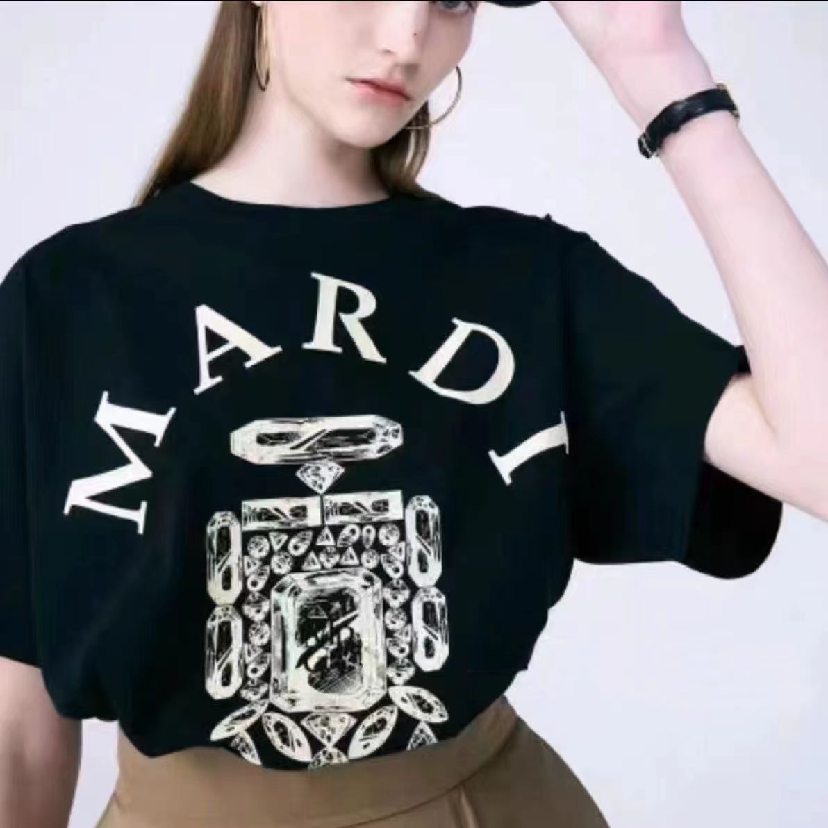 韓國Mardi高金銀同款香水鑽印花短袖t恤女新款上衣百搭寬松純棉短袖24040805