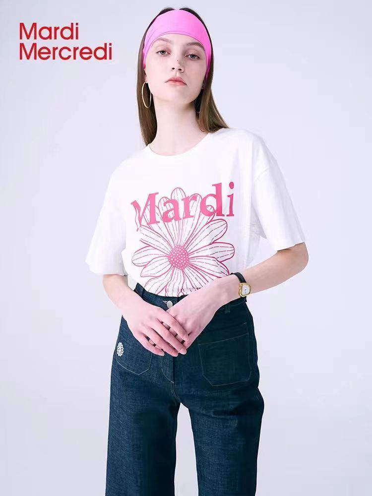 韓國Mardi高金銀同款花朵印花短袖t恤女新款上衣百搭寬松純棉短袖24040801