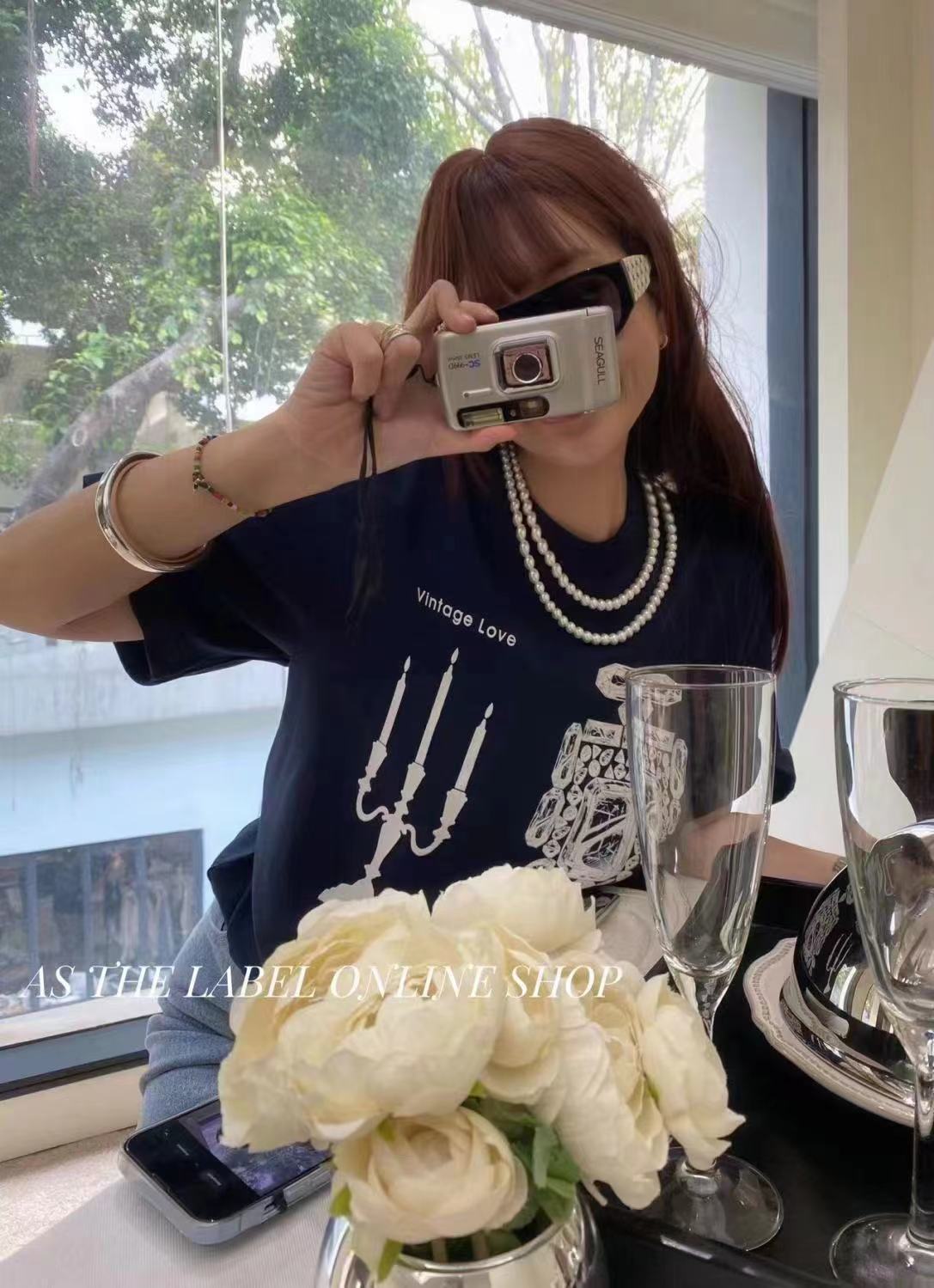 韓國Mardi高金銀同款香水鑽印花短袖t恤女新款上衣百搭寬松純棉短袖24040805