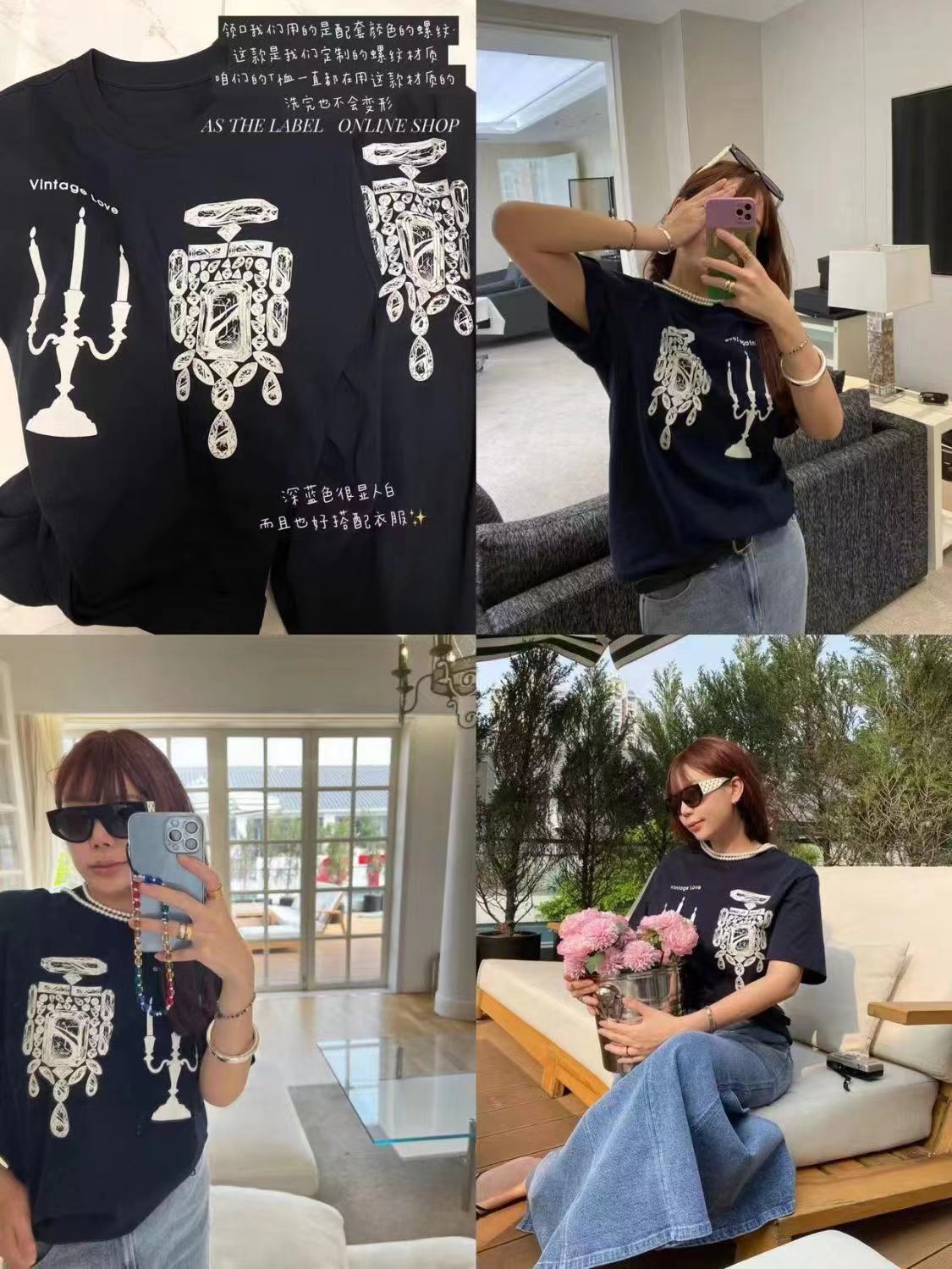 韓國Mardi高金銀同款香水鑽印花短袖t恤女新款上衣百搭寬松純棉短袖24040805