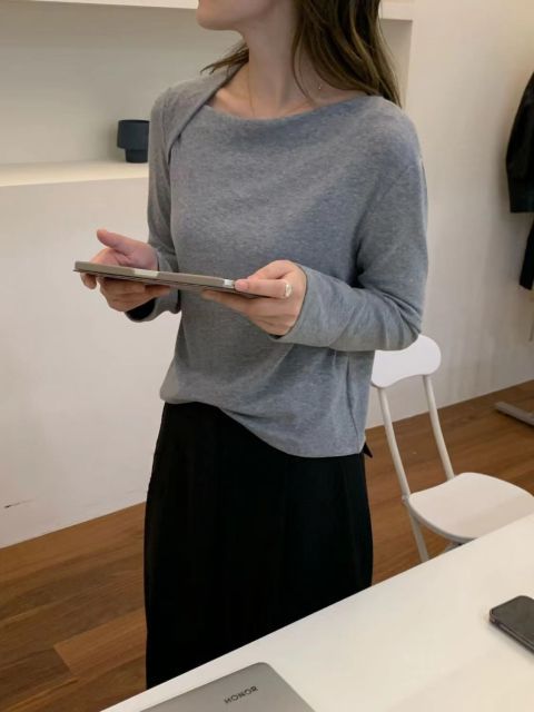 法式氣質不規則斜領設計顯瘦不挑人萬能百搭女長袖t恤打底衫24040902