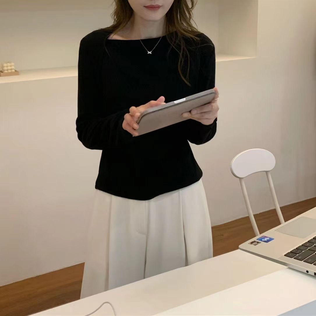 法式氣質不規則斜領設計顯瘦不挑人萬能百搭女長袖t恤打底衫24040902