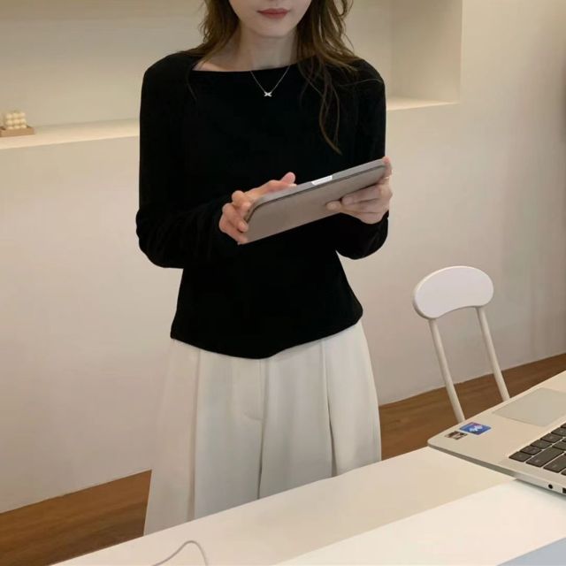 法式氣質不規則斜領設計顯瘦不挑人萬能百搭女長袖t恤打底衫24040902