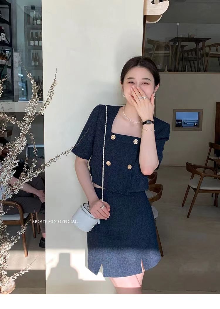 夏季時尚新款法式通勤俏皮純色小香風套裝女夏簡約a字裙套裝24040903