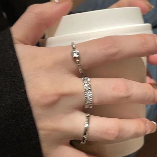 素圈鋯石金屬開口戒指套裝女小眾設計高級感食指戒簡約冷淡風指環24041004