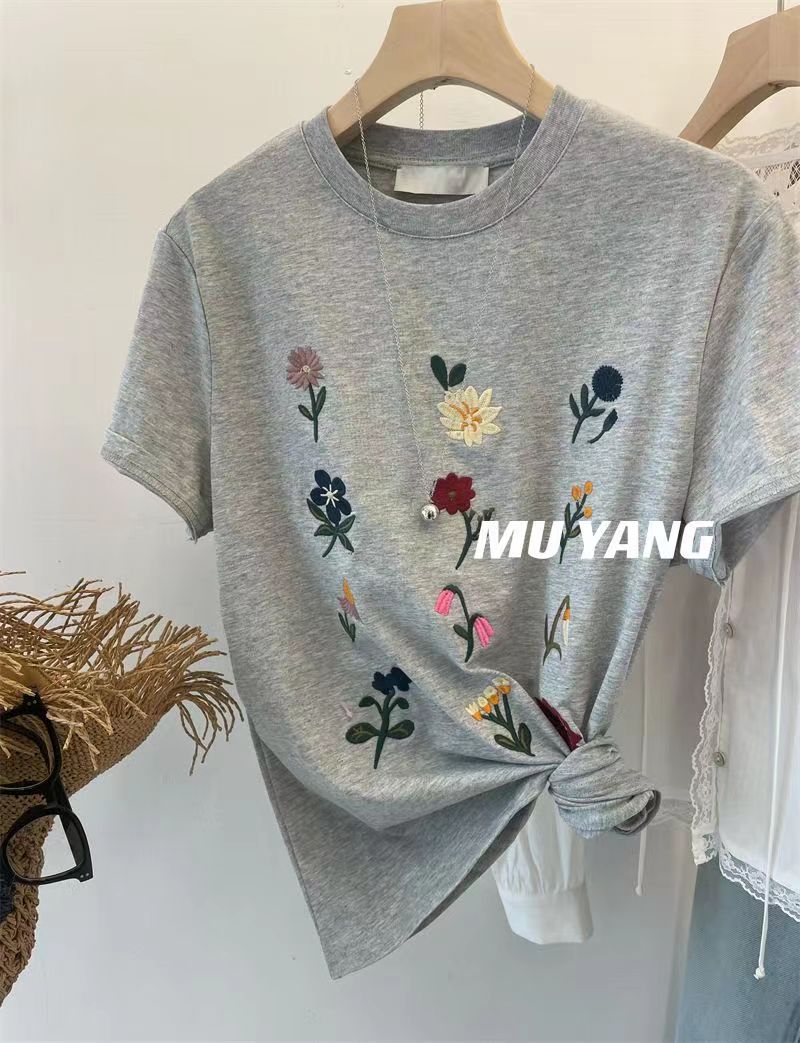 花園日記滿屏重工刺繡小花休閒短袖T恤女新款內搭上衣24041604