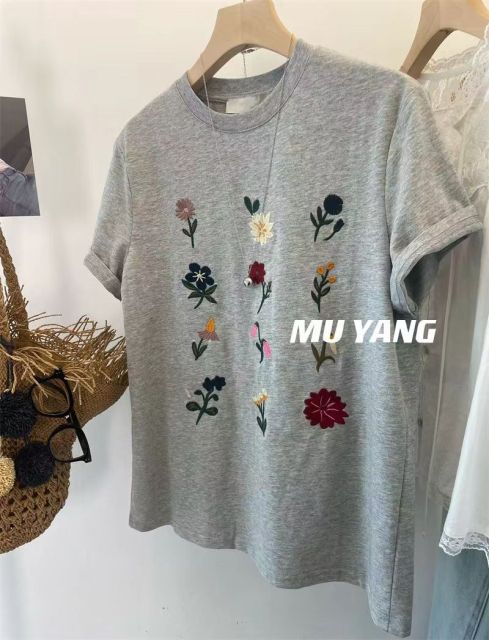 花園日記滿屏重工刺繡小花休閒短袖T恤女新款內搭上衣24041604