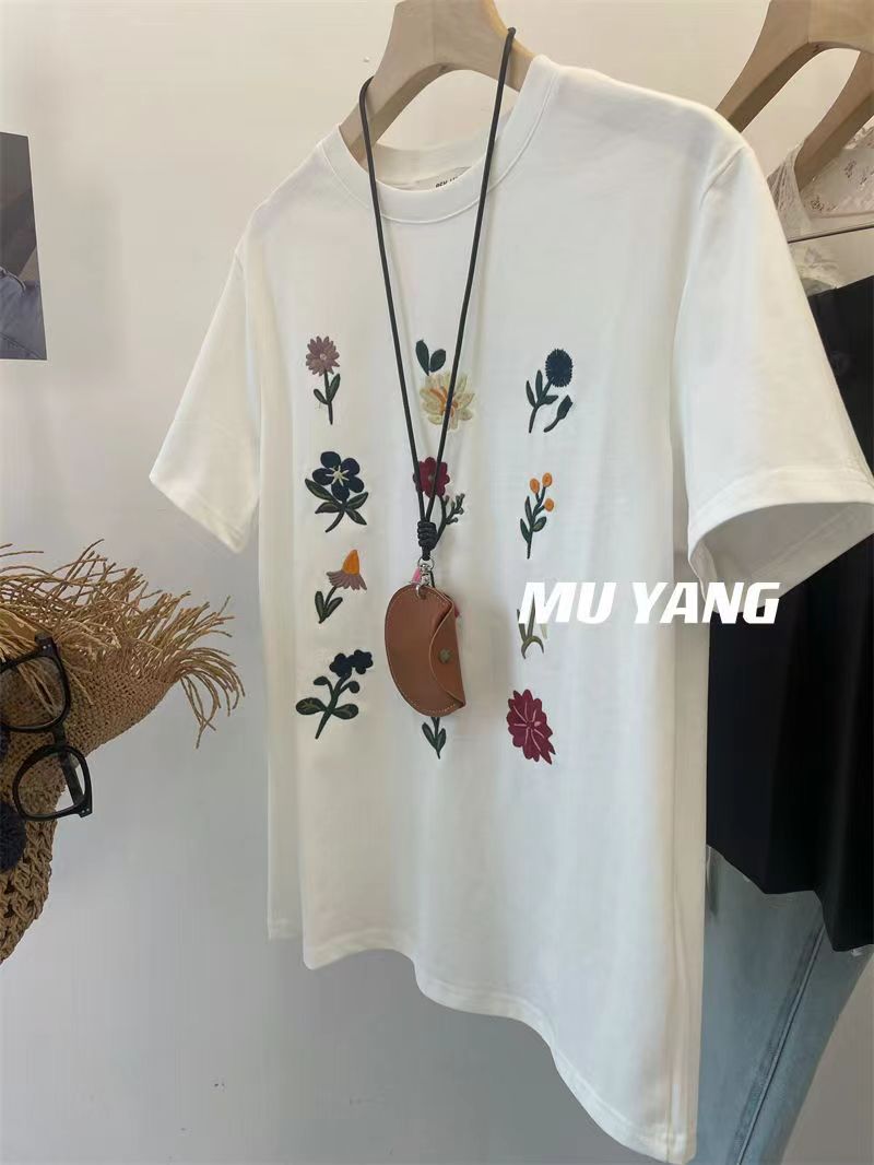 花園日記滿屏重工刺繡小花休閒短袖T恤女新款內搭上衣24041604