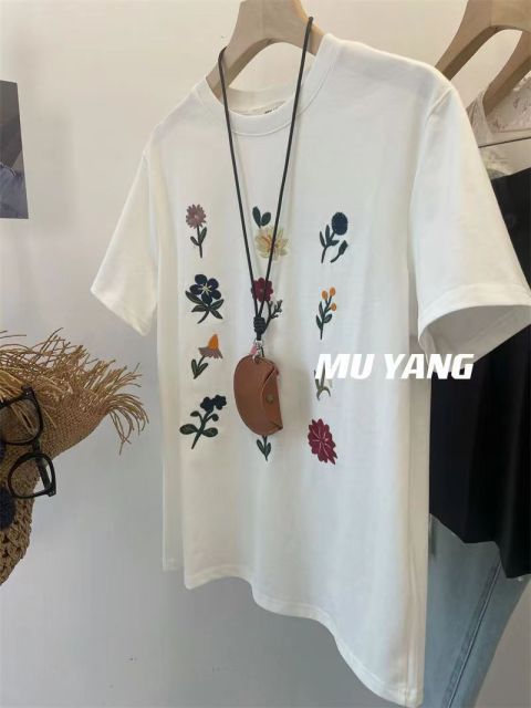 花園日記滿屏重工刺繡小花休閒短袖T恤女新款內搭上衣24041604