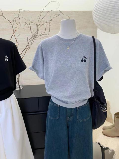 春夏新款歐貨刺繡圓領短袖T恤女時尚百搭簡約打底衫24041703