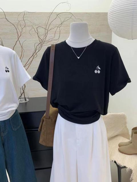 春夏新款歐貨刺繡圓領短袖T恤女時尚百搭簡約打底衫24041703