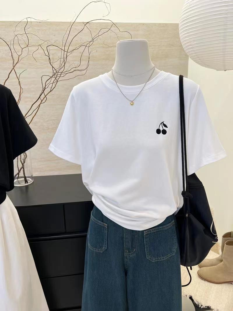 春夏新款歐貨刺繡圓領短袖T恤女時尚百搭簡約打底衫24041703