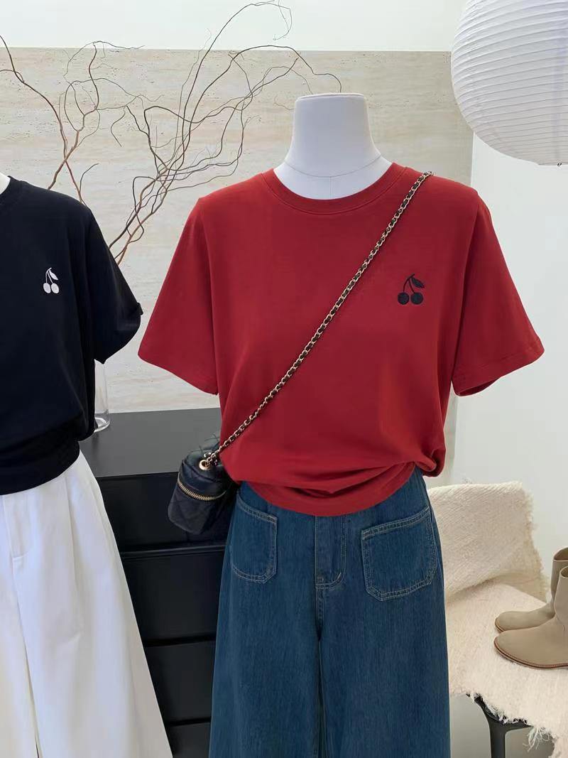 春夏新款歐貨刺繡圓領短袖T恤女時尚百搭簡約打底衫24041703