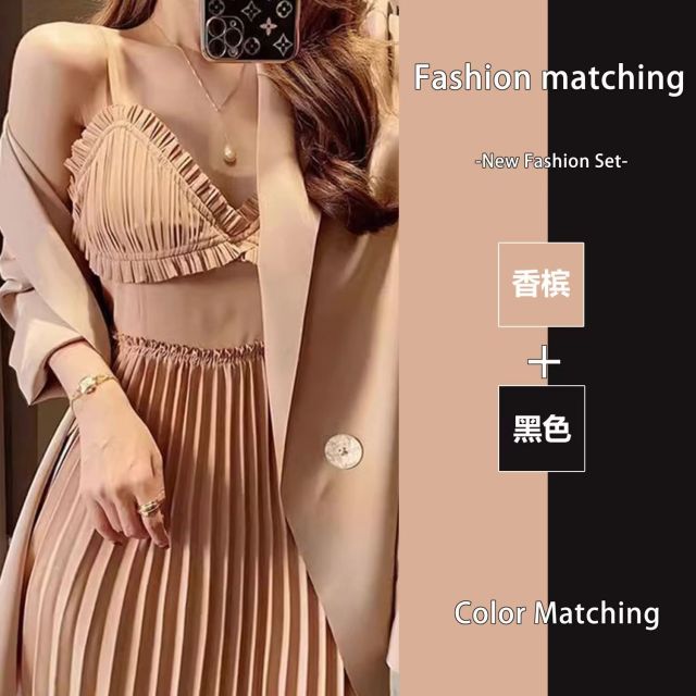 輕熟風秋季套裝女新款時尚西裝外套性感百褶吊帶裙氣質兩件套24042303