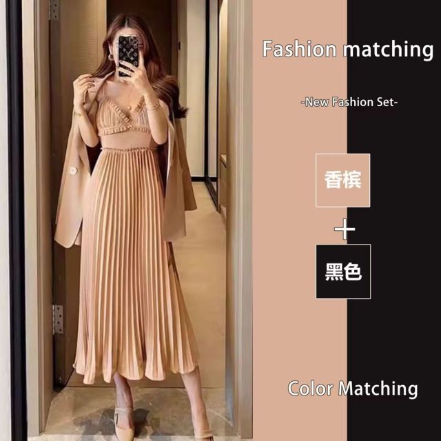 輕熟風秋季套裝女新款時尚西裝外套性感百褶吊帶裙氣質兩件套24042303