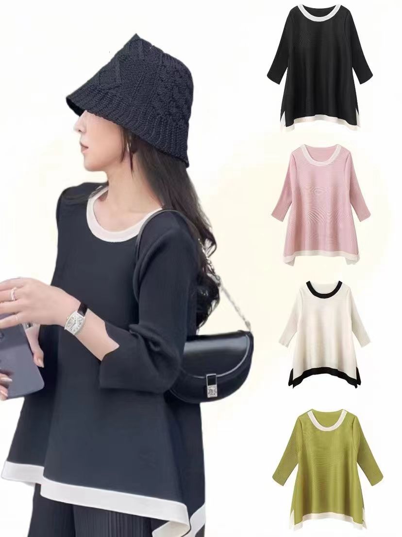 三宅褶皺上衣夏季新款女裝大碼圓領七分短袖t恤寬松通勤百搭t24042703
