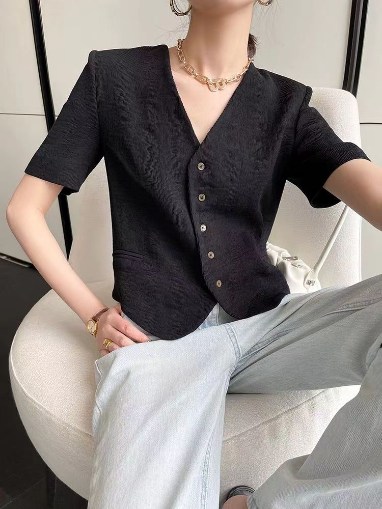 小香風西裝夏薄短外套短袖小個子修身v領休閒短款上衣小衫24043006