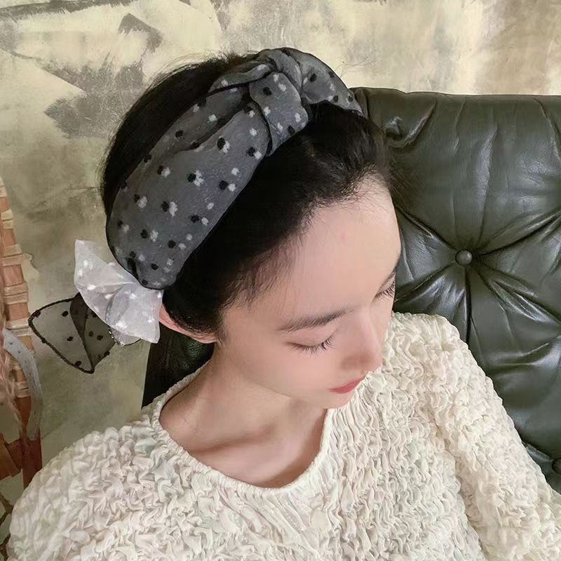 韓國R&U法式復古花苞飄帶發卡波點紗頭箍超仙女人味發飾蝴蝶結髮箍24043007