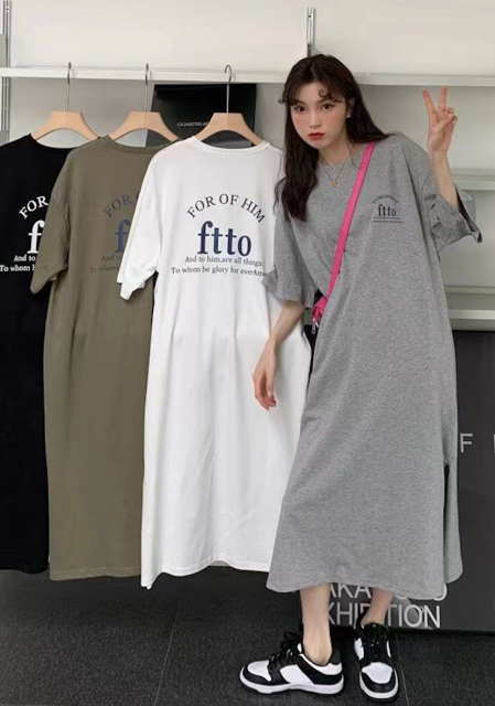 夏裝新款短袖純棉T恤裙寬松大碼懶人過膝裙休閒家居服連衣裙24043001