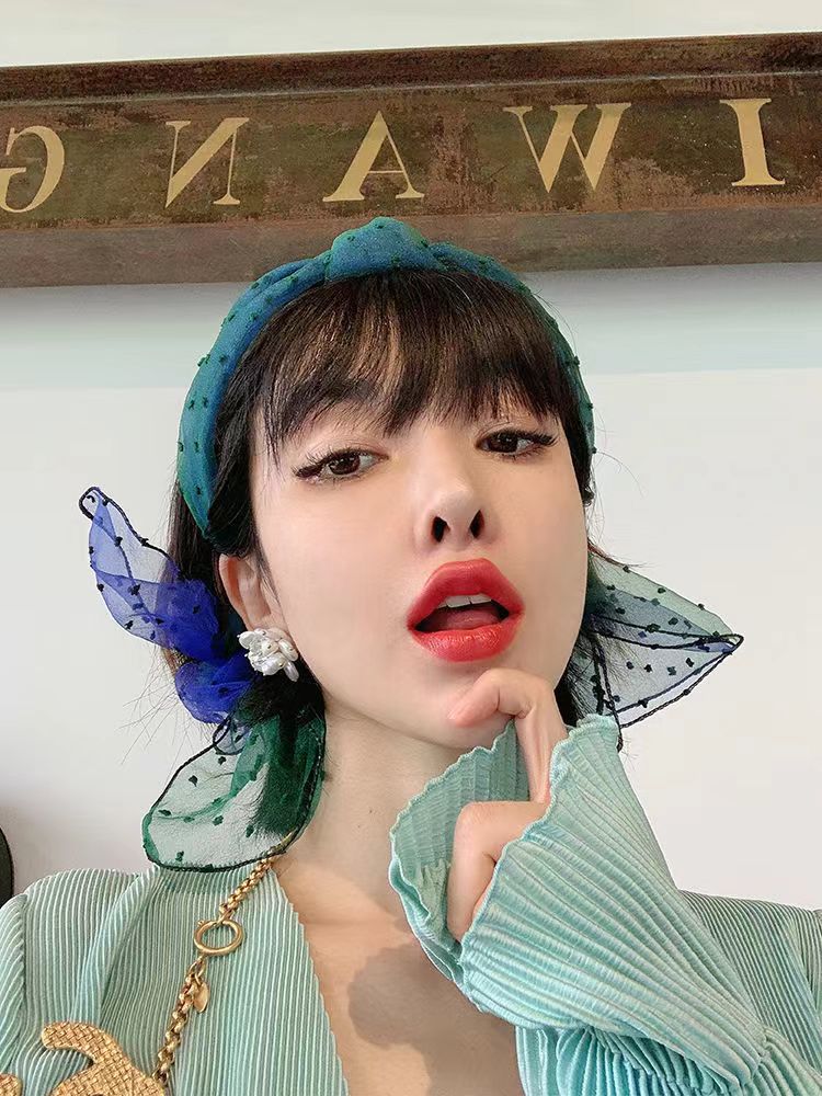 韓國R&U法式復古花苞飄帶發卡波點紗頭箍超仙女人味發飾蝴蝶結髮箍24043007