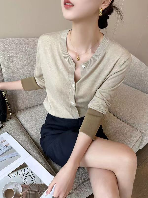 安雁撞色圓領長袖針織開衫女春季新氣質顯瘦通勤時尚百搭外套24050304