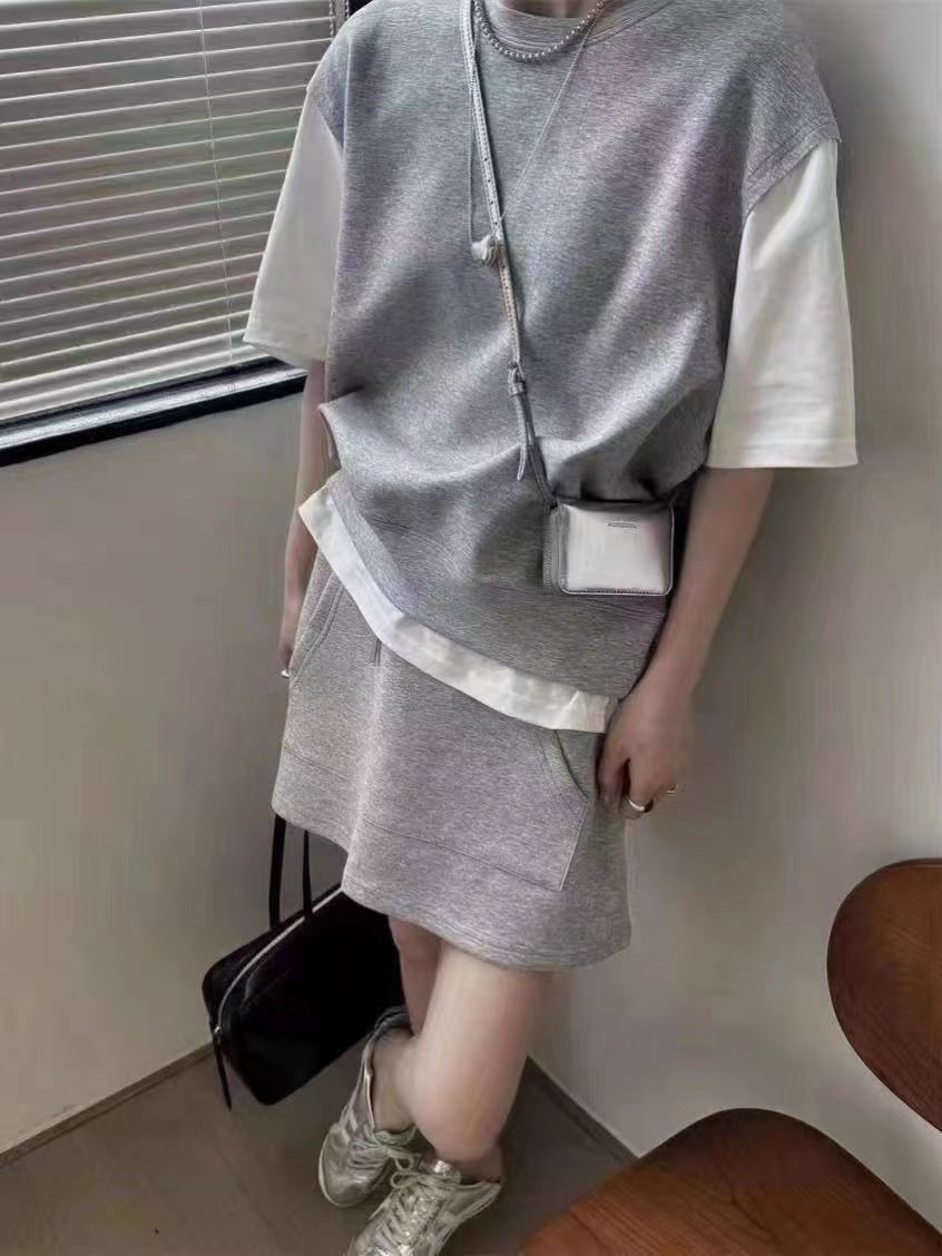 簡約減齡韓版外搭假兩件高腰純色顯瘦寬松夏季休閒衛衣短裙套裝24051707