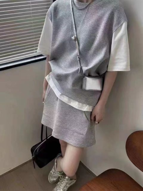 簡約減齡韓版外搭假兩件高腰純色顯瘦寬松夏季休閒衛衣短裙套裝24051707