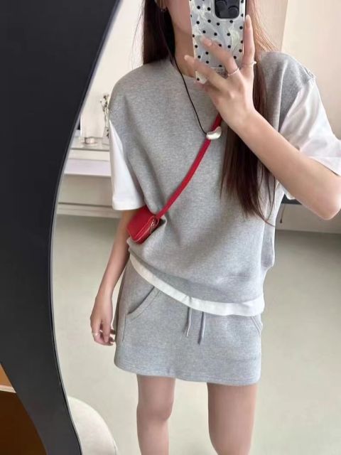 簡約減齡韓版外搭假兩件高腰純色顯瘦寬松夏季休閒衛衣短裙套裝24051707