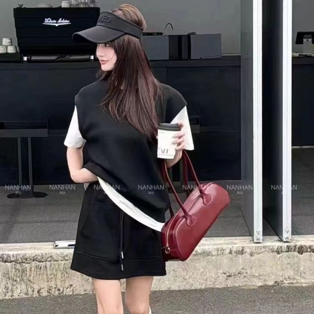 簡約減齡韓版外搭假兩件高腰純色顯瘦寬松夏季休閒衛衣短裙套裝24051707