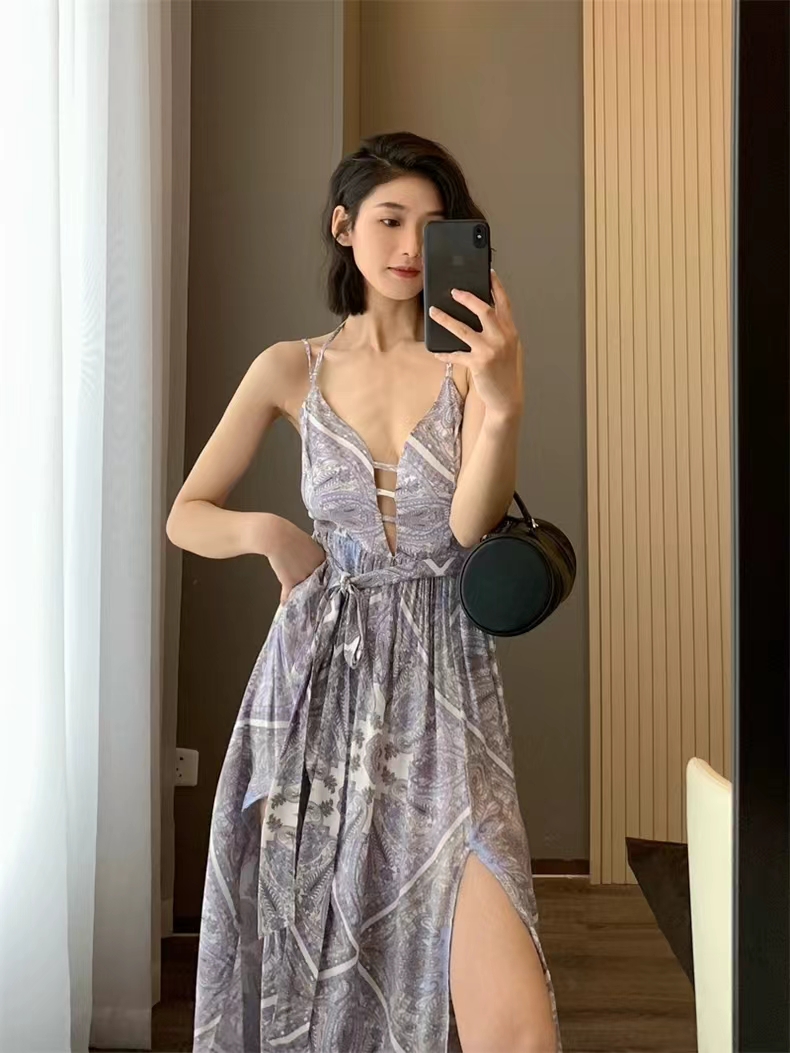 度假風鏤空性感浪漫腰果花大開叉吊帶裙女連衣裙24052101